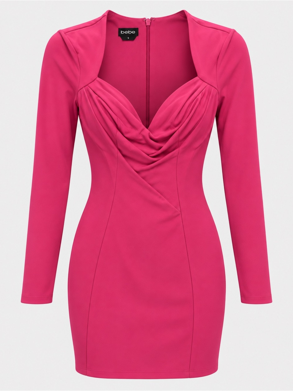 bebe Hot Pink Long-Sleeve Draped V-Neck Bodycon Dress